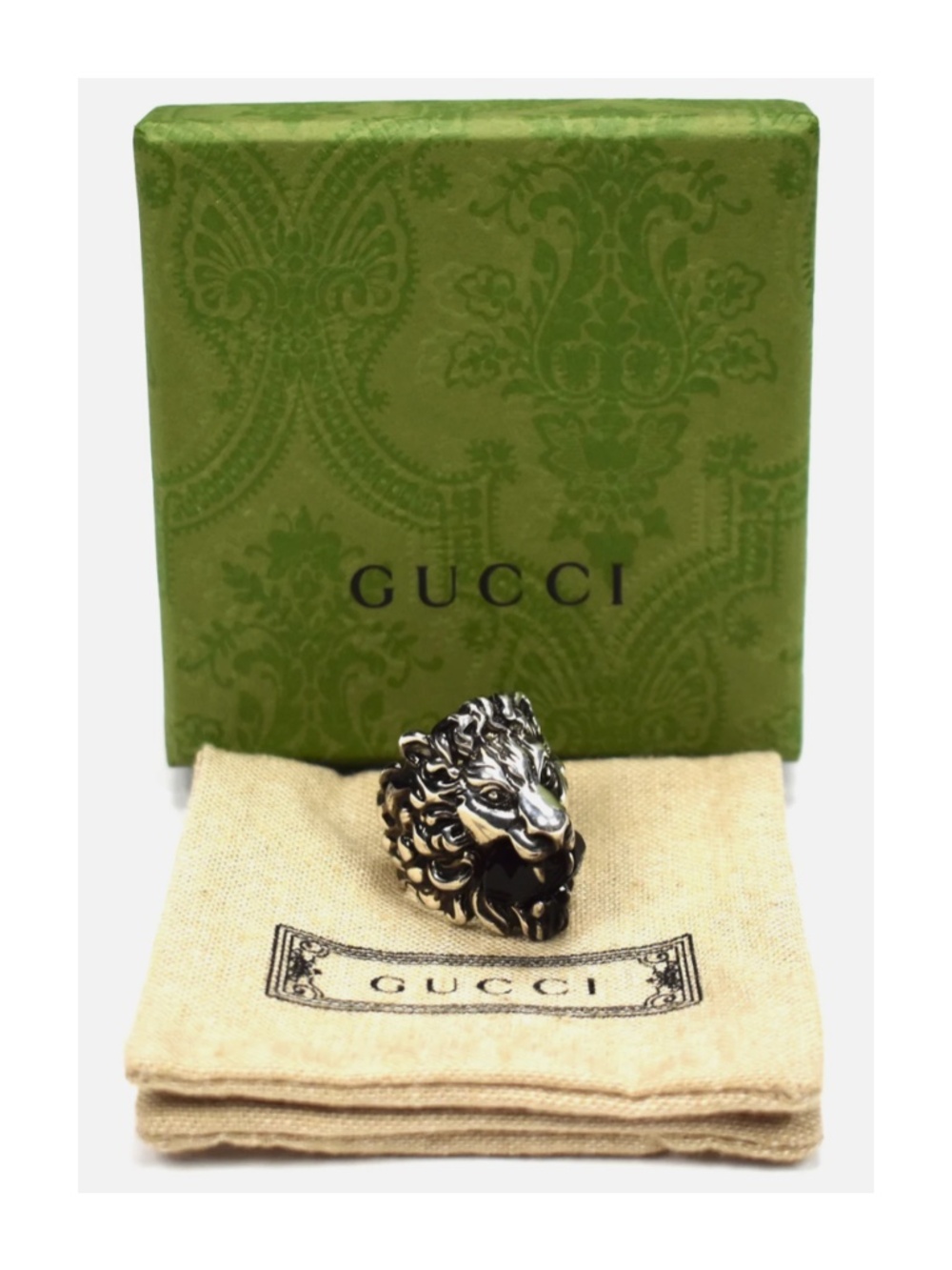 NEW Authentic Gucci Lion Head Crystal Ring In Silver & Black Sz 16 IT 7.5 US